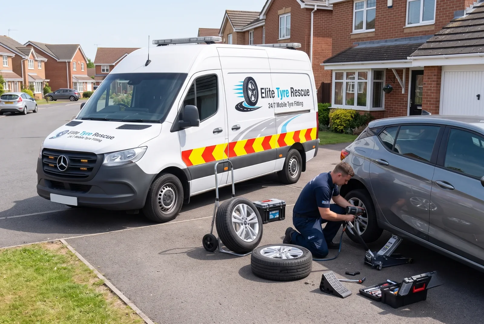 Elite Tyre Rescue mobile tyre technician fitting a replacement tyre at a customer's home