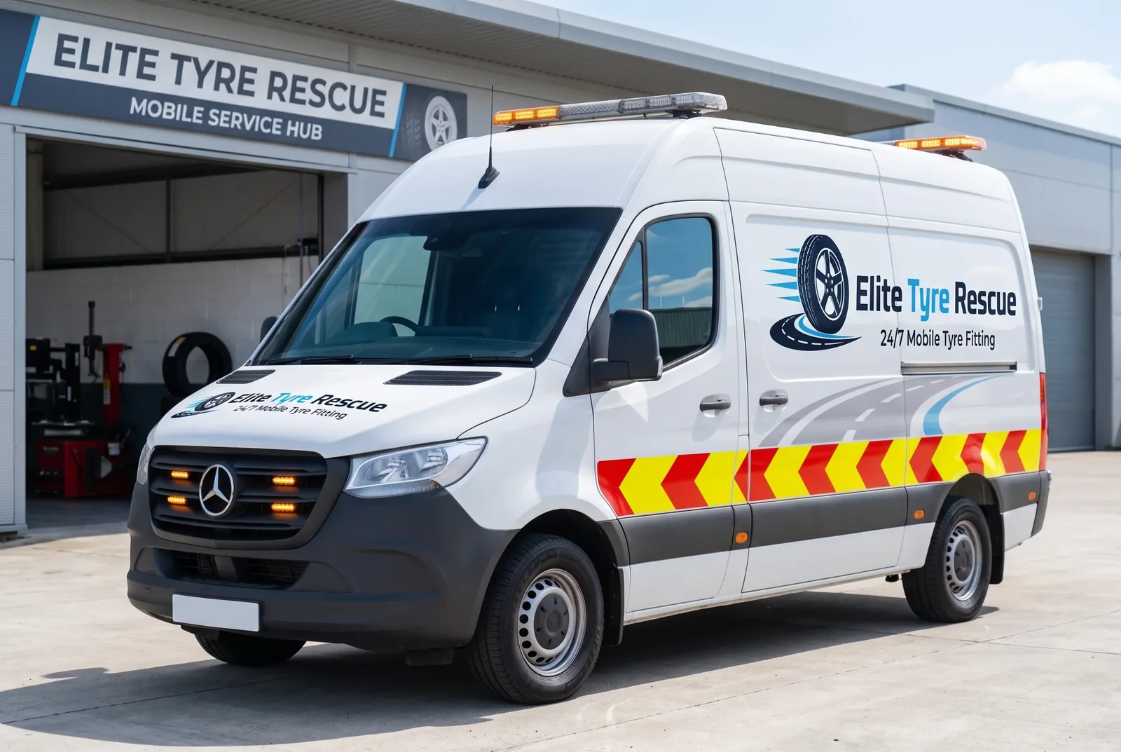Elite Tyre Rescue 24/7 mobile tyre fitting service van outside the service hub